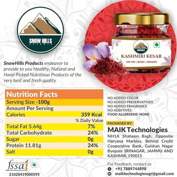 Snow Hills Saffron Original Kashmir Lacha/Kesar/Keshar (Grade A) (Pack of 1, 1 gram) - Image 5
